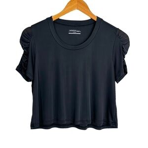 Lanston Sport Womens Crop Ruched Short Sleeve Top Sz Small Black Activewear USA